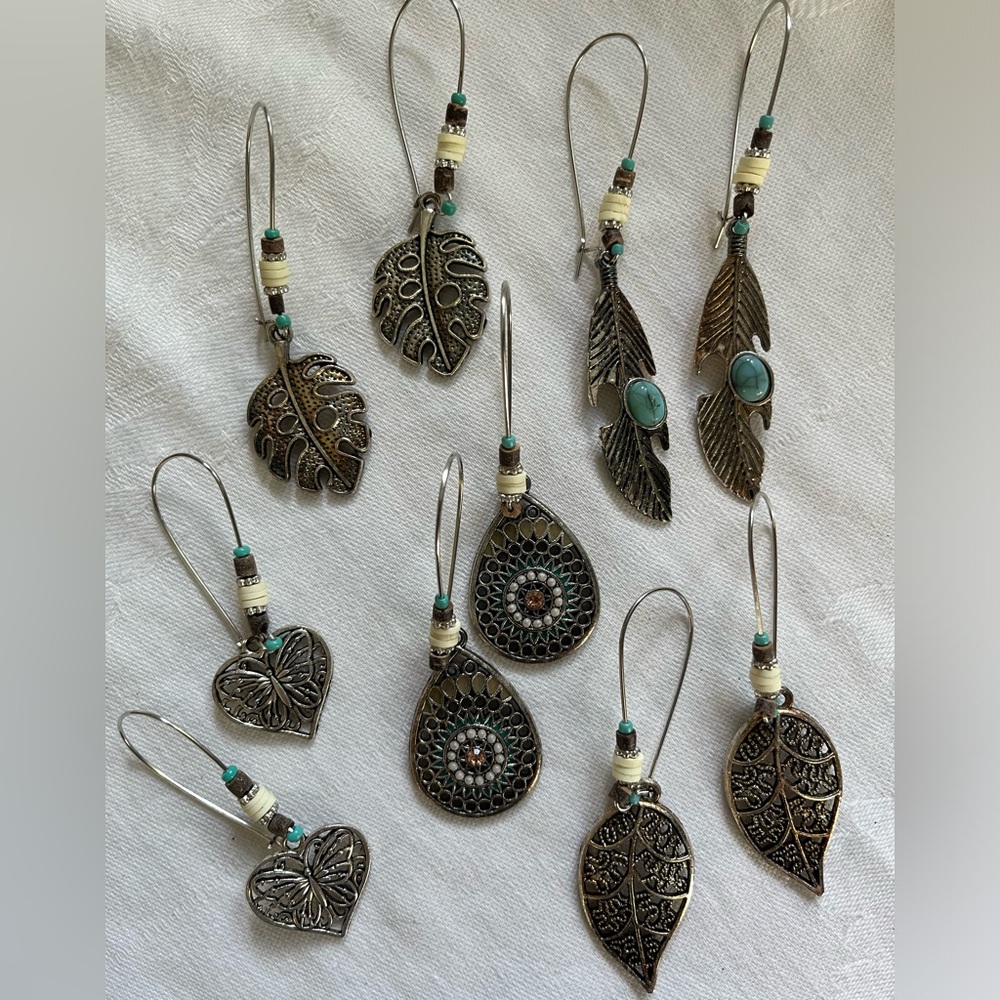5 Pairs Of Bohemian Silver Drop Filigree Dangle Earrings Costume Jewelry (New)